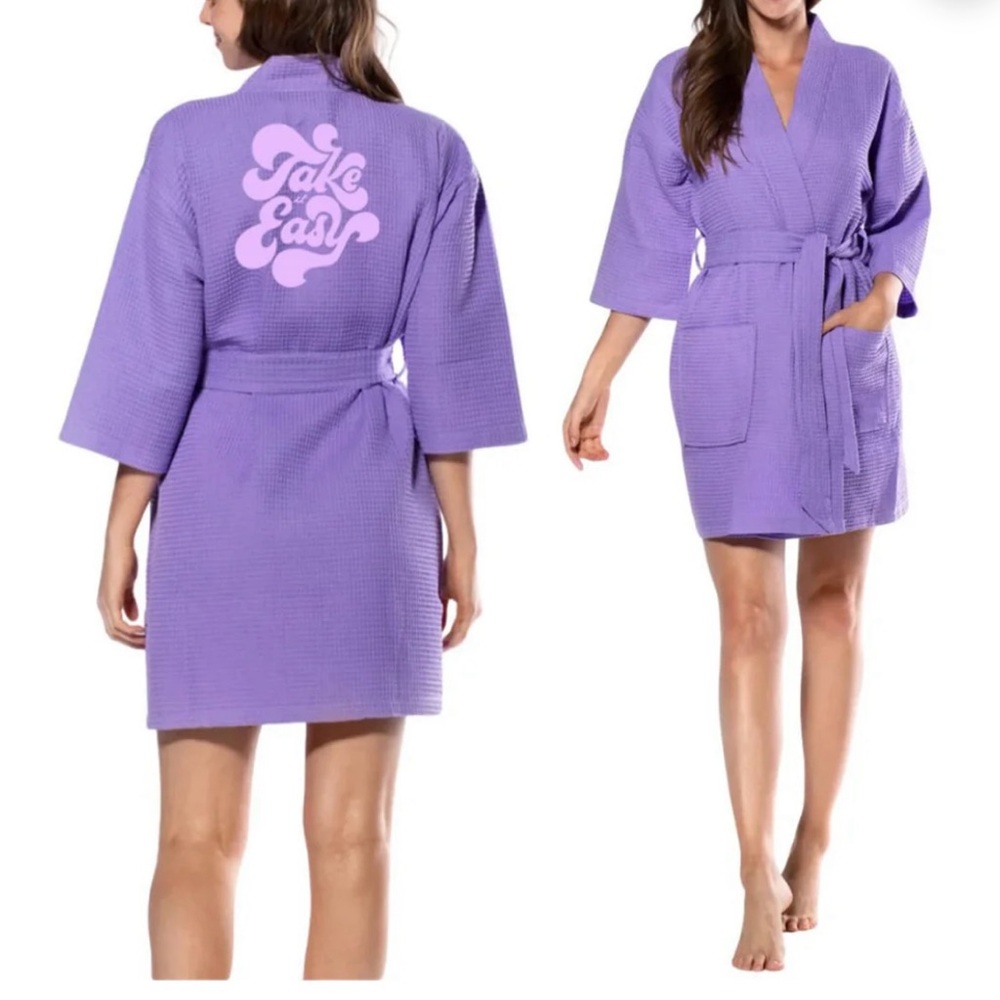 NWT Cocus Pocus purple waffle knit robe with Take It Easy on back